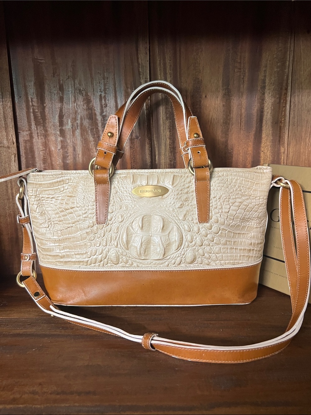 Brahmin Vintage Cream & Tan Leather Shoulder Bag - Picture 2 of 8